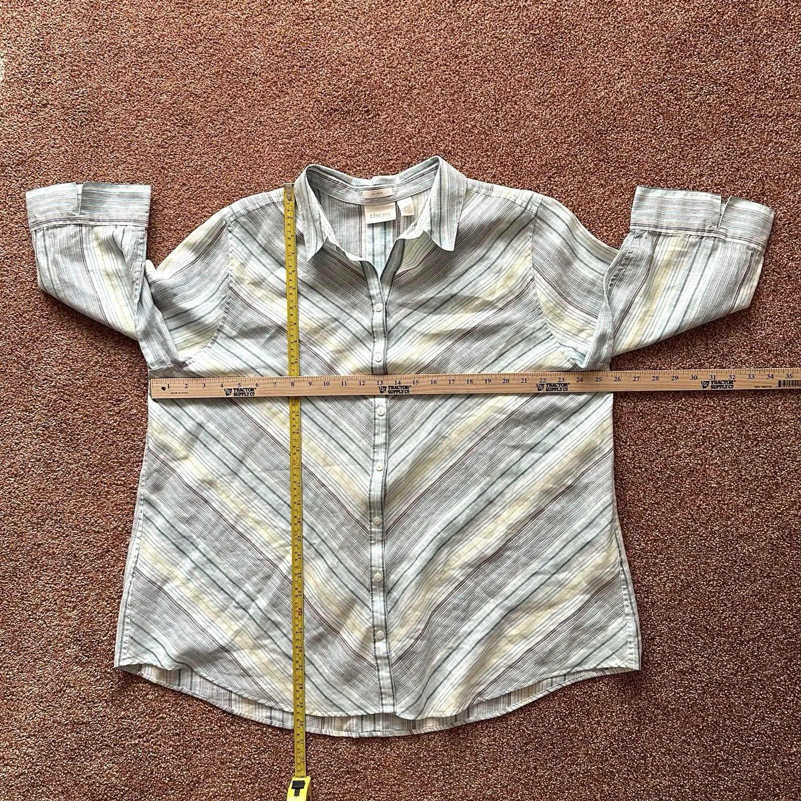Chico's No-Iron 100% Linen Top Womens 4 2X  (20-22) Chevron Striped Blue Button - Image 6