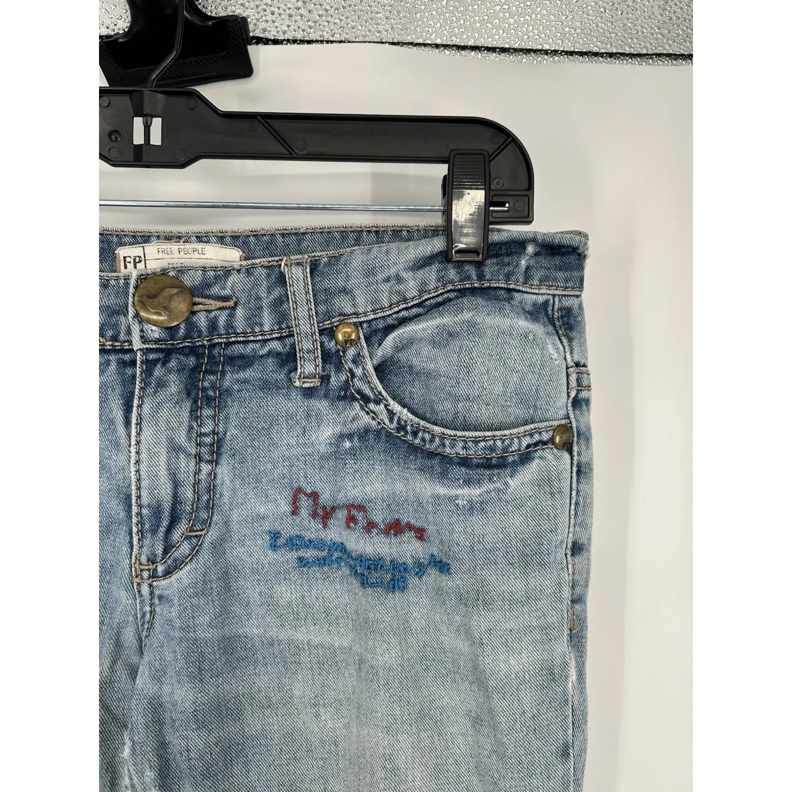 Free‎ People Embroidered Graphic Skinny Low Rise Jeans Light Wash Blue Size 26 - Image 7