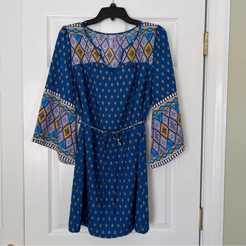Alya dress blue and gold geometrical flared sleeves M - Image 13