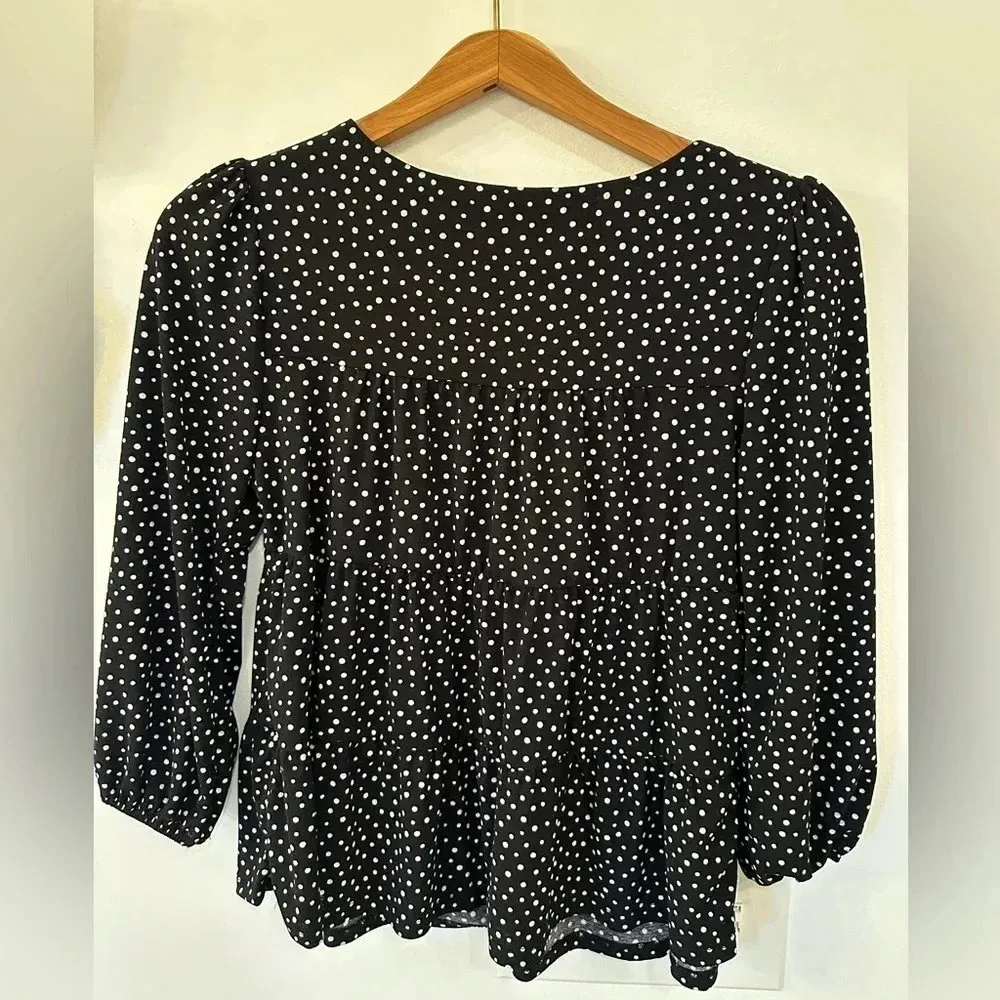 Monteau Womens Black Polka Dot Baby Doll 3/4 Sleeves & Ruffle Hem Top - Image 4