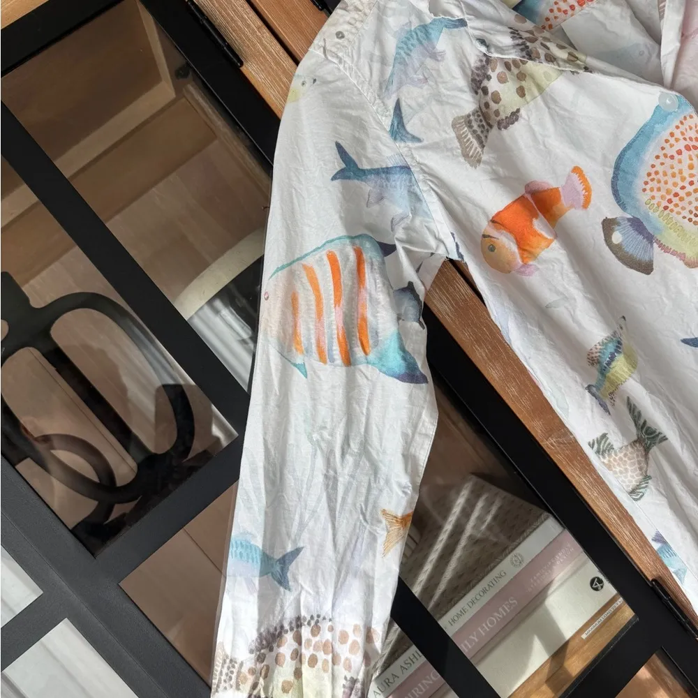 Fish dress shirt long sleeve button down coverup watercolor print beach swim - Image 5