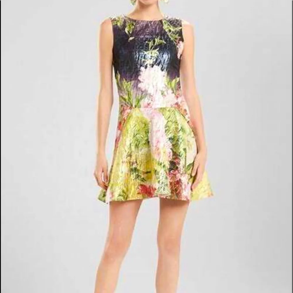 NATORI Birds Of Paradise Jacquard Shimmer Metallic Drop Waist Dress Size 10 NEW - Image 4