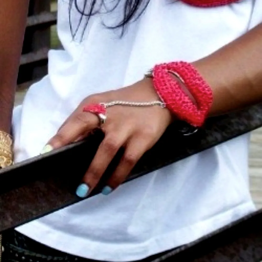 Silver Red Crystal Lips Hinge / Clamper Bracelet with Attached Ring - Image 6