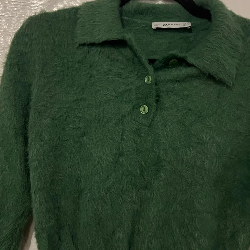 Zara Knit Green Textured Polo Sweater Size Small - Image 3