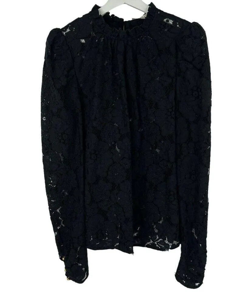 WAYF Size L Erika Black Puff Sleeve Lace Top Neck Bow Tie Sheer Sexy Long Sleeve - Image 2