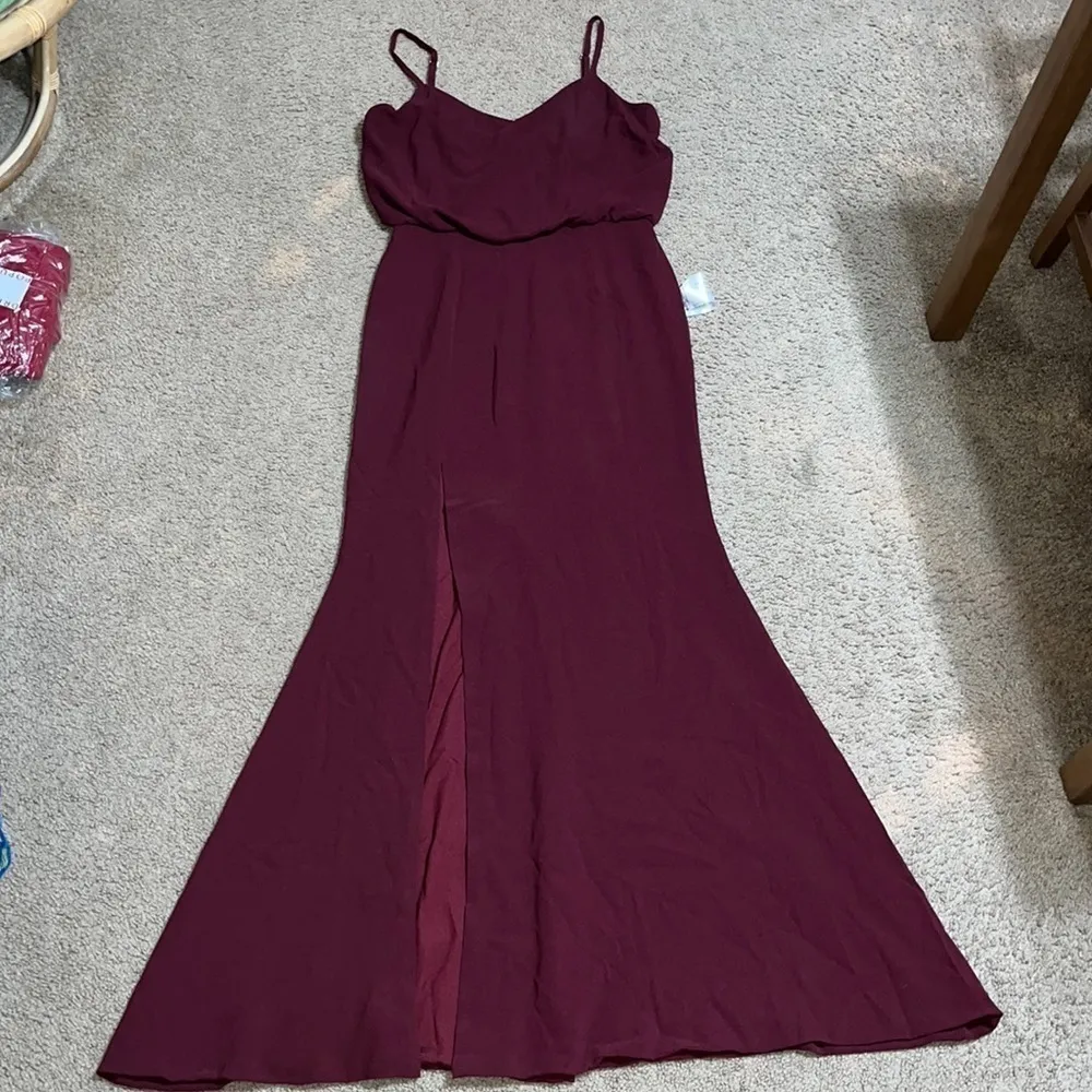 Dress the Population Gracelyn Blouson Jersey Maxi Gown Thigh High Slit Burgundy‎ - Image 7