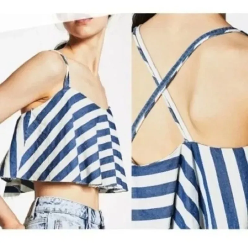 NWT Zara Trafaluc Denim Striped Flounce Crop Top Bra Zip Lining L Blue White - Image 12