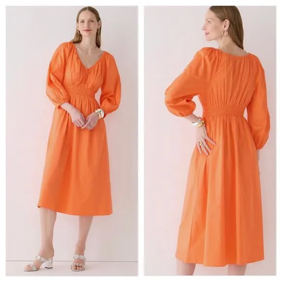NWT J. CREW Orange Cotton Poplin V Neck Smocked Waist Midi Dress Size XS Boho - Image 2