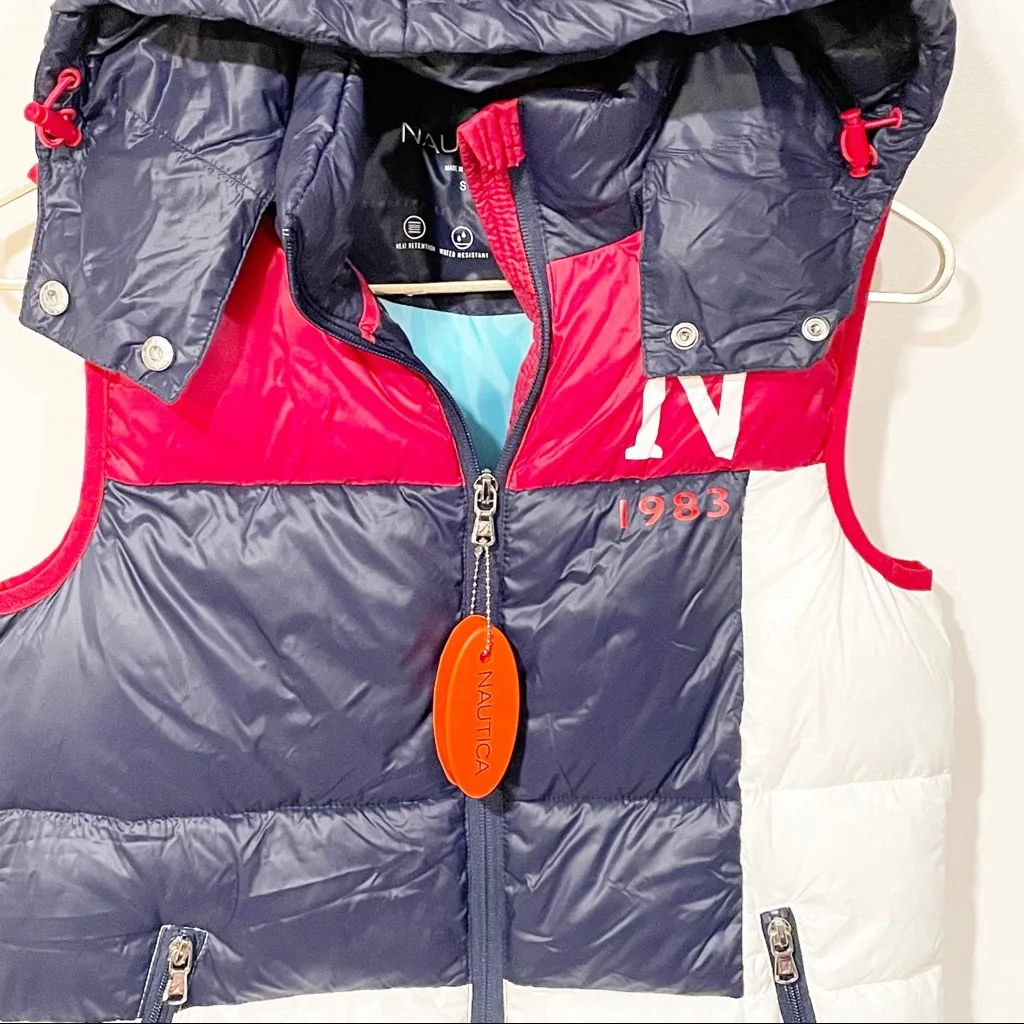 Nautica‎ Unisex Small Red White Blue Puffer Spellout Hooded Full Zip Vest - Image 2