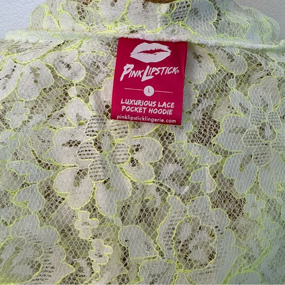 New Pink Lipstick Lace Hooded Jacket with Pockets Size L - Image 11