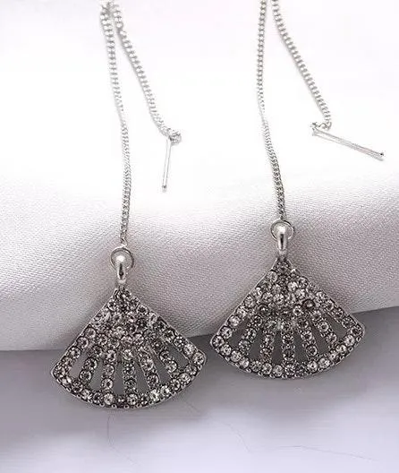 Crystal Fan Shaped Tassel Pearl Drop Earrings Silver - Image 4