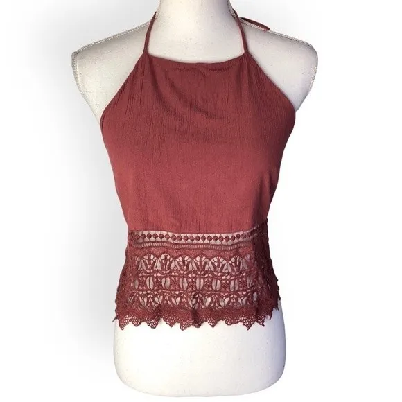 American Eagle Rust Halter Neck Embroidered Lace Crop Top - Image 2