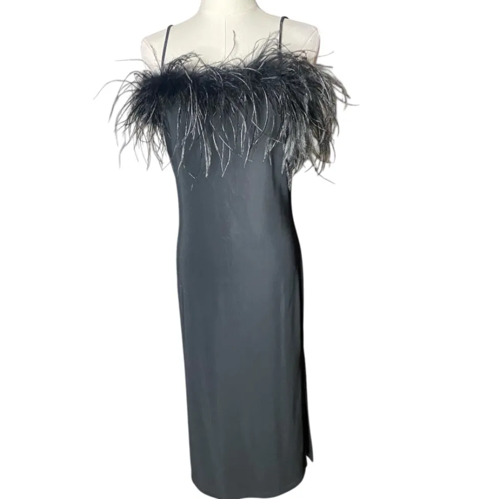 WINNER Vintage 90s Black Feather
Trim Midi Slip Dress Sides Slit S - Image 2