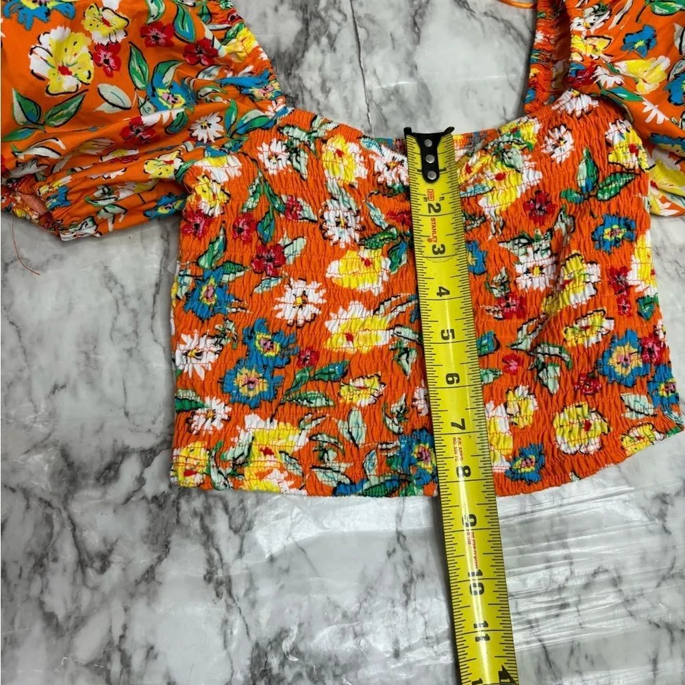 Zara Orange Floral Crop Top Short Bubble Puff Sleeve shirt smocked NWT medium - Image 7