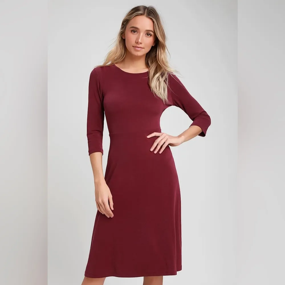 Lulus Sweet Like Me Burgundy Long Sleeve Midi Skater Dress - Image 2
