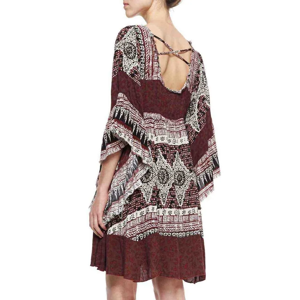 Free People | S | “Heart of Gold” Dress Boho Leopard Print Mini Flowey Oxblood - Image 2