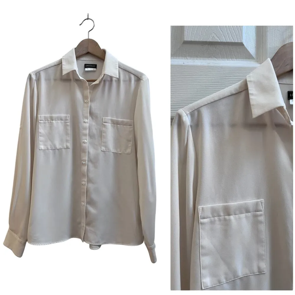 Longchamp  Ecru Neutral Tiny Pulls Collared Button Down Blouse FR Size 36 US 4 - Image 11