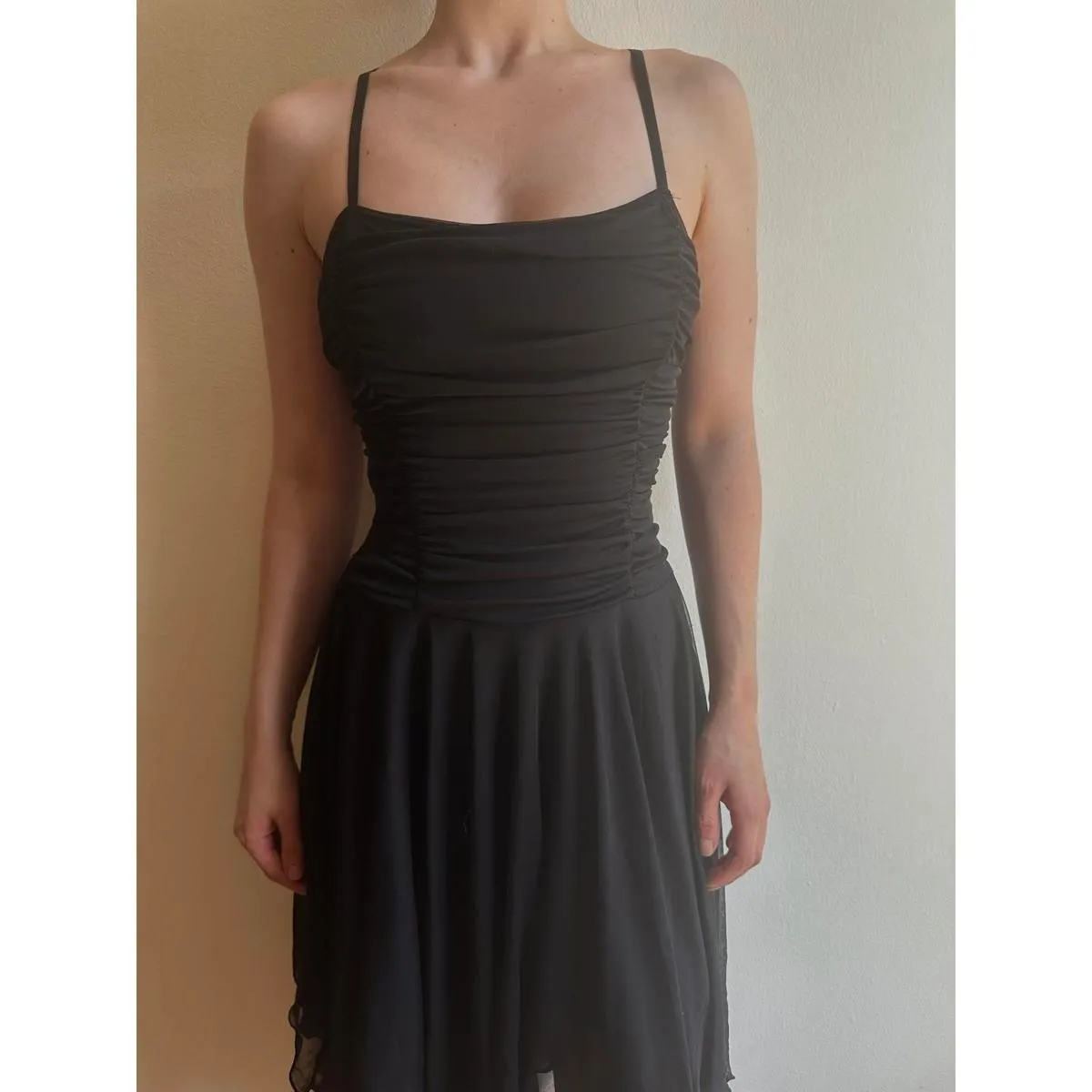 Black Square Neck Ruched Handkerchief Hem Mesh Dress - Image 3