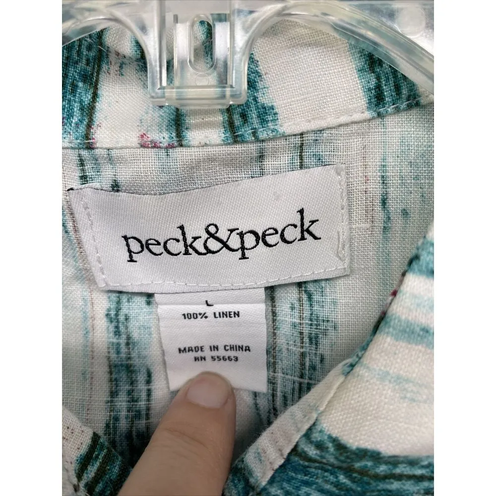 Peck & Peck 100% Linen Blouse 3/4 Sleeve Button‎ Up Abstract Teal Sz Large - Image 2