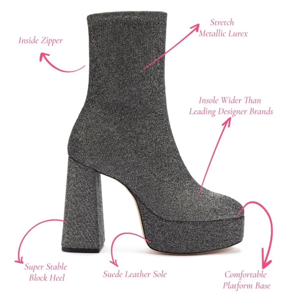 Larroudé Dolly Stretch Platform Sock Boots Silver Lurex Size 8.5 - Image 2