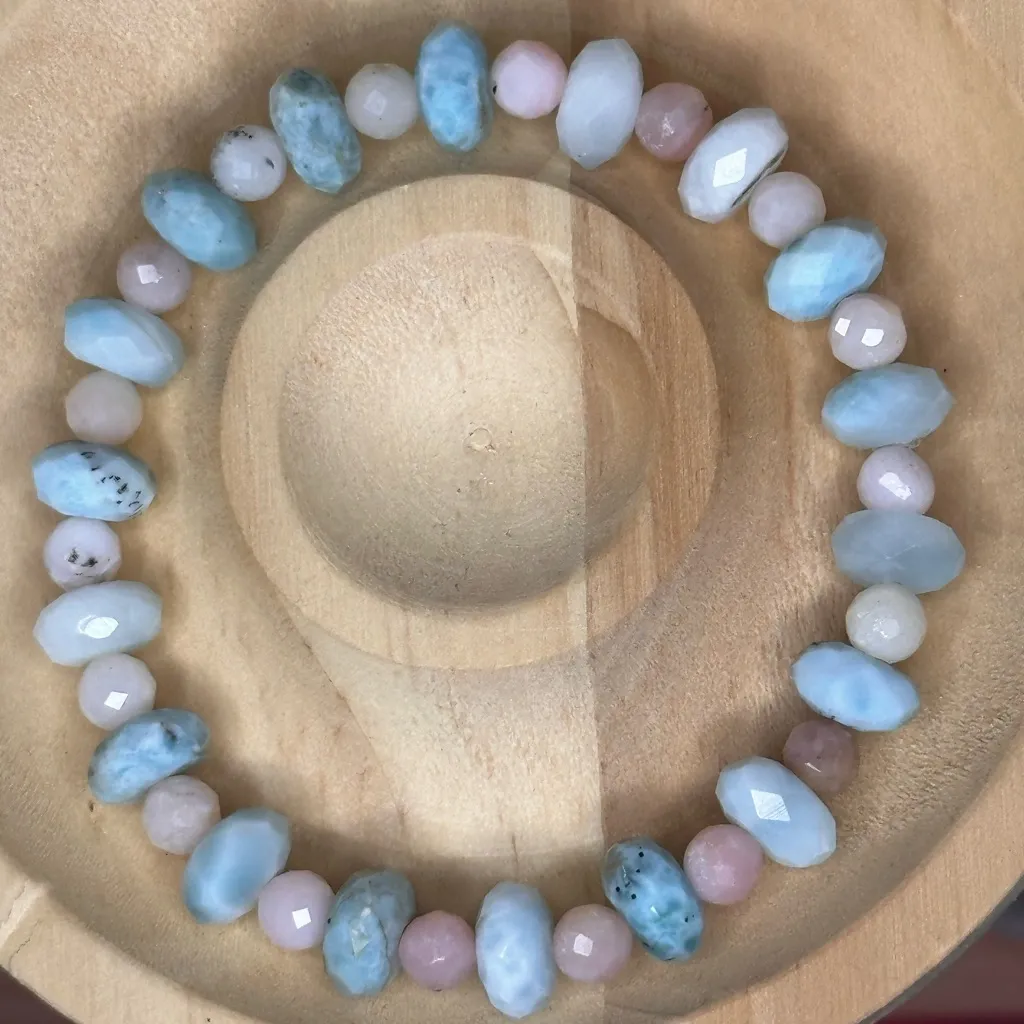 Larimar & Peruvian Pink Opal Faceted Beaded Bracelet handmade in Maui - Image 4