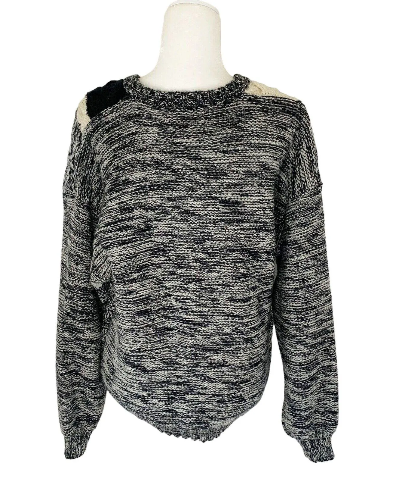 Vintage Concrete Mix 3D Cable Knit Chunky Women Sweater Fisherman Grandpa Marled Black Size M - Image 5