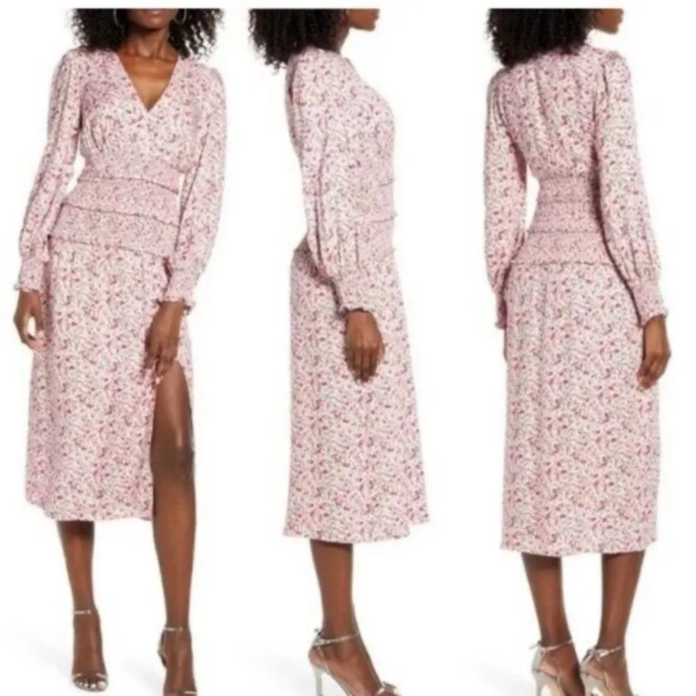 AFRM Nordstrom Floral Smocked Pink v-neck feminine shirred midi maxi dress - Image 2