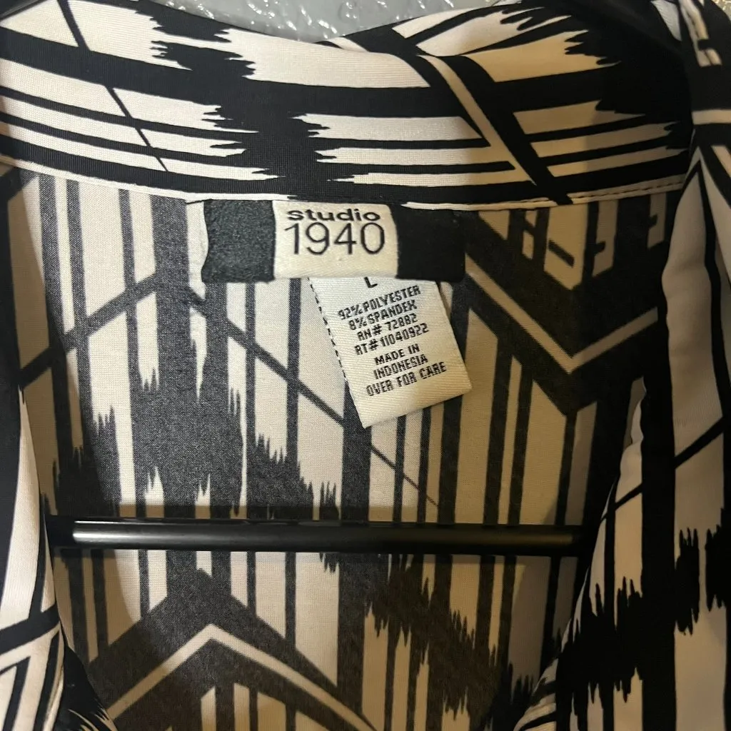 Studio 1940 Size L Black & White Geometric Print Tie-Front Collared Blouse - Image 2