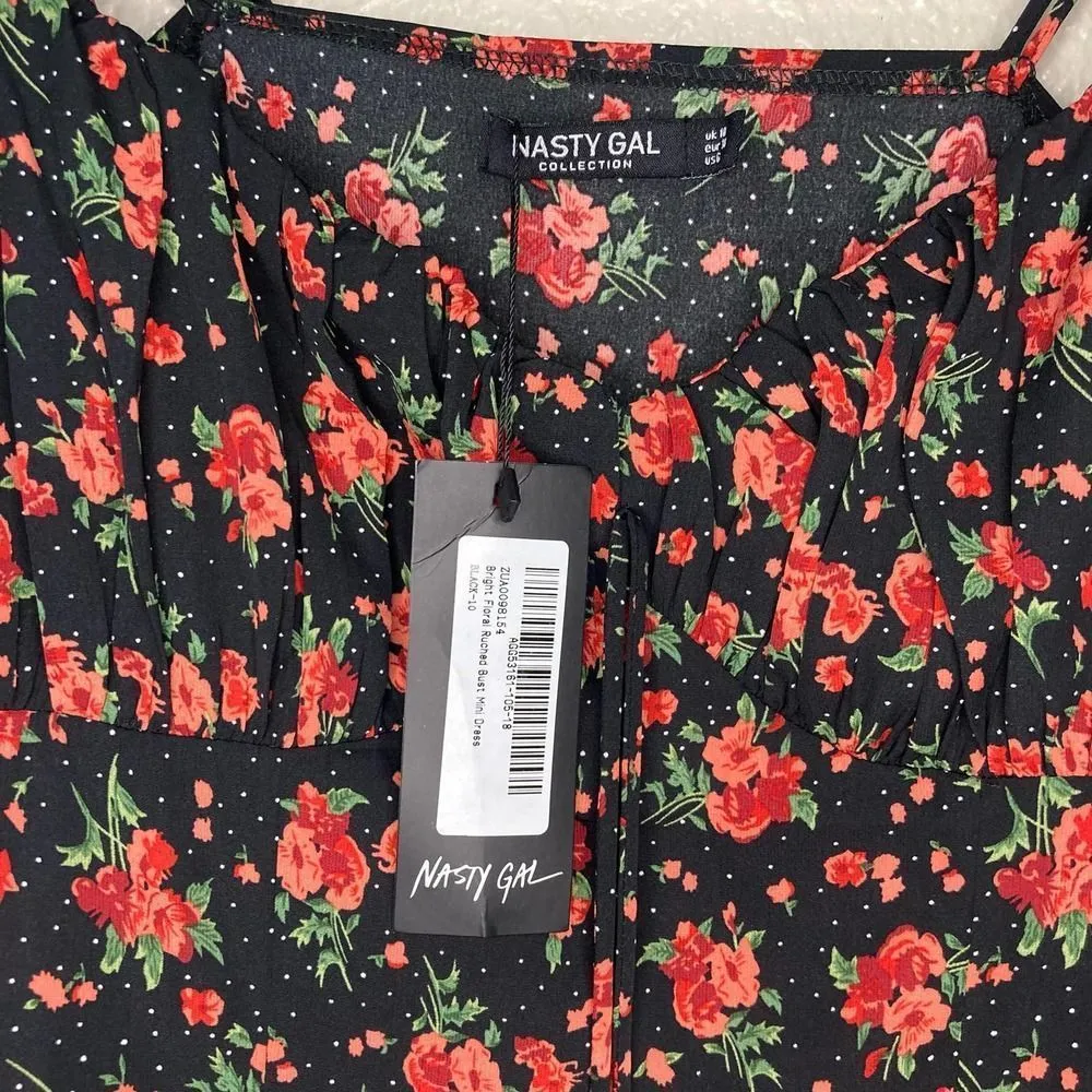 NWT Nasty Gal Bright Floral Ruched Bust Tie Shoulder Mini Dress Size 6 - Image 6