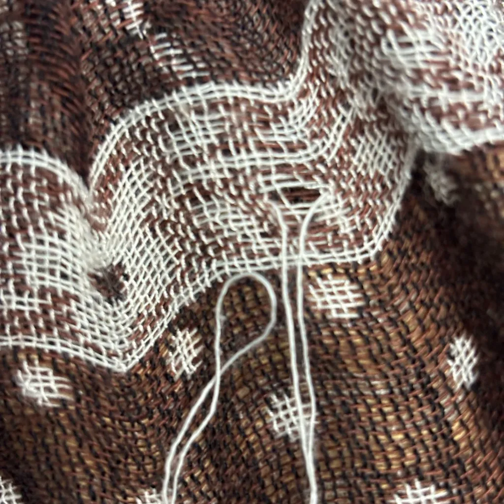 Boho Spanish Paisley Knit Scarf with Rabbit Fur Pom Poms – Brown / Tan – 62” - Image 5