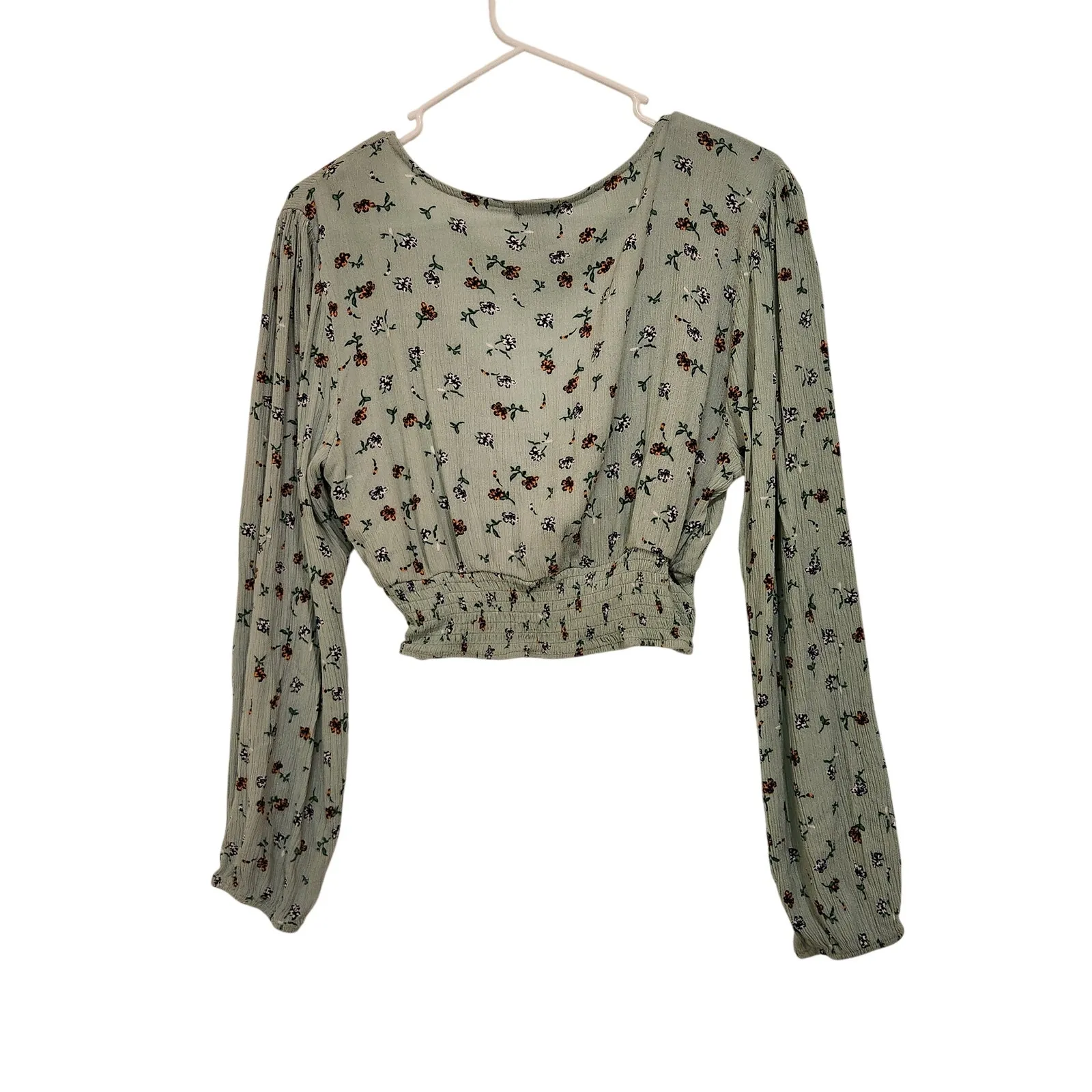Justify Green Floral Long Sleeve Smocked Waist Faux Wrap Crop Top Blouse Large - Image 5