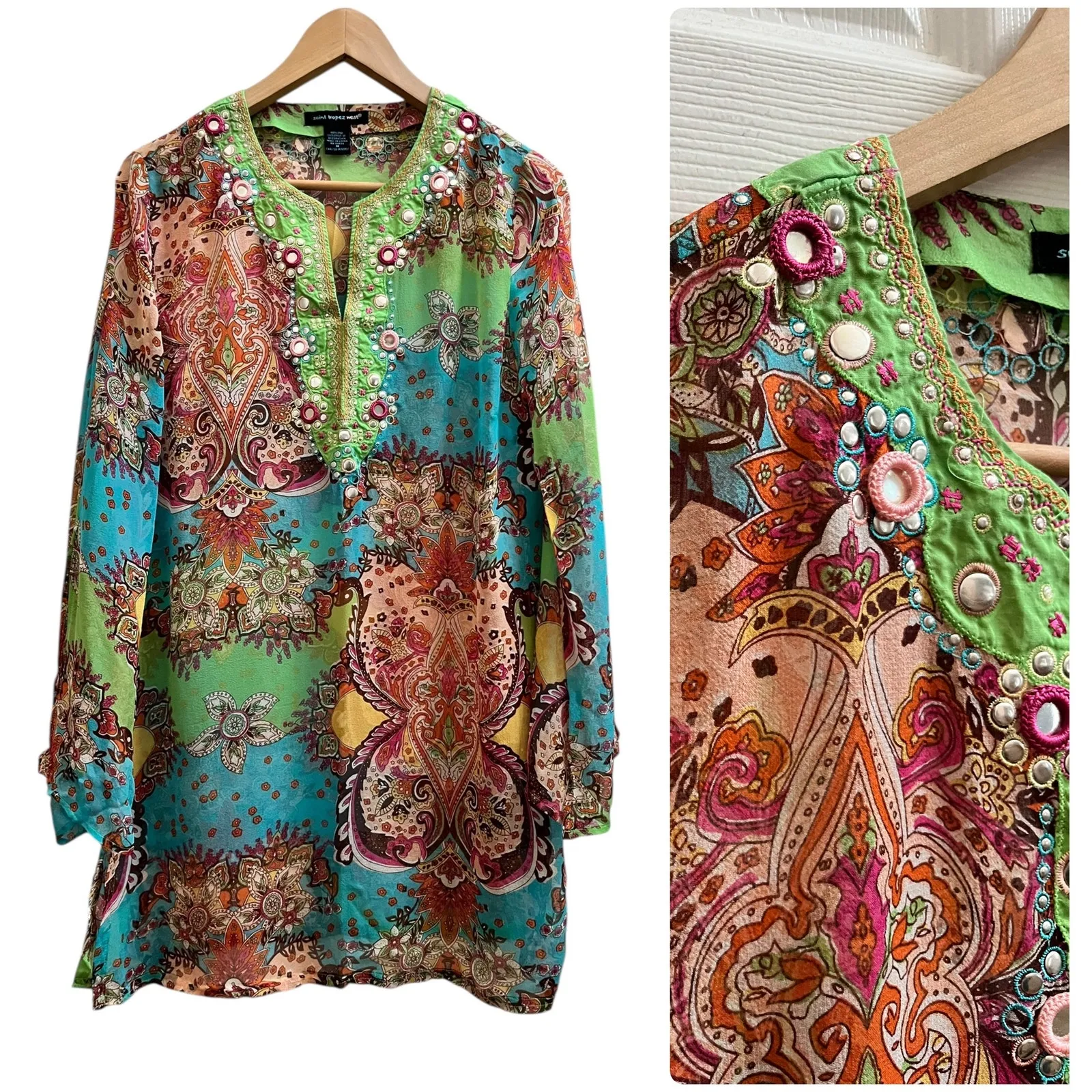 Saint Tropez West Silk Semi Sheer Multicolor Stud Embellish Cover Up Tunic Large - Image 2