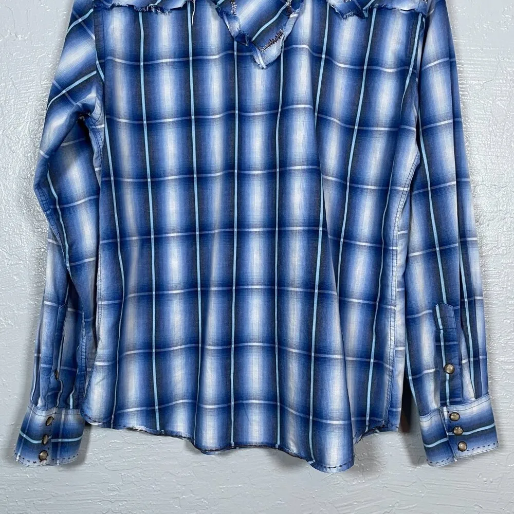 Brooks Dunn Collection Panhandle Slim Women L Blue White Plaid Pearl Snap Shirt Size L - Image 8