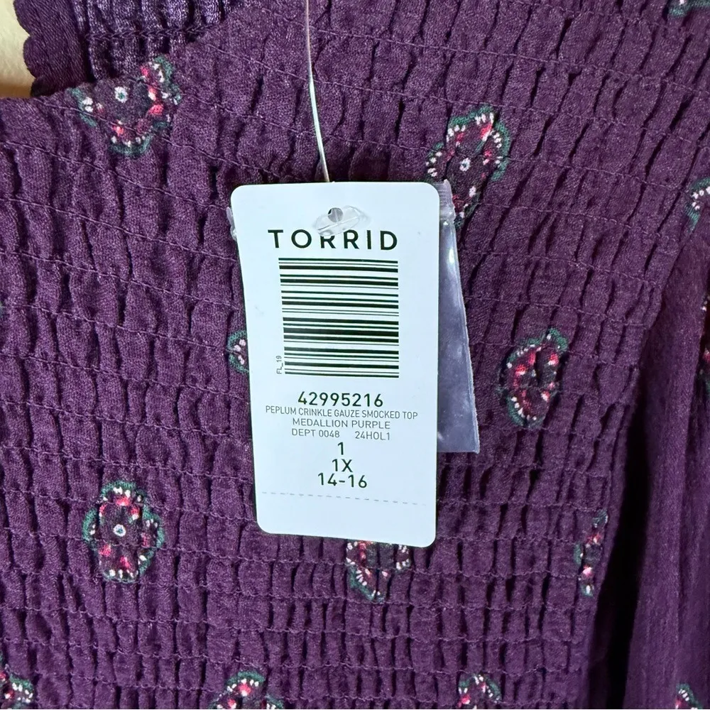 NWT Torrid Smocked Flowy 1X Purple Printed Long Sleeve‎ Office Career Modest Top - Image 2