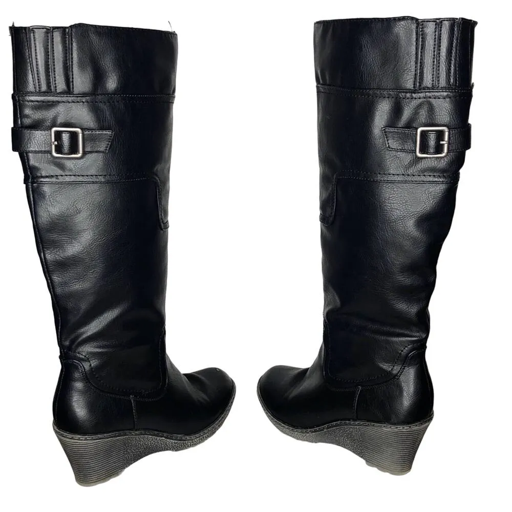 Bucco Torin Faux Black Leather Riding Boots Size 7.5 Chunky Wedge Heel Tall Boot - Image 4