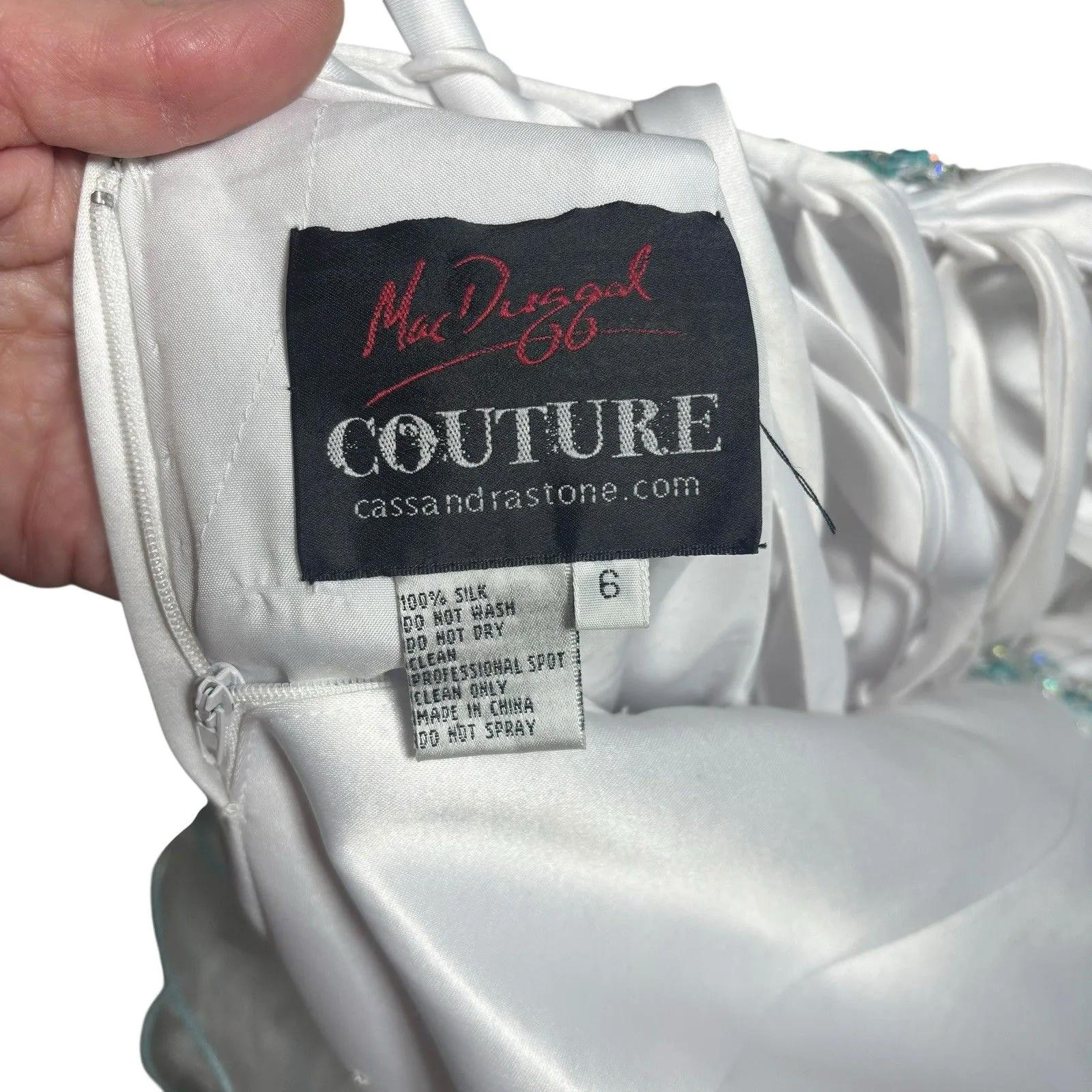 Mac Duggal Sz 6 White Silk Blue Beaded  Ruffle Princess Gown Formal Prom Dress - Image 13