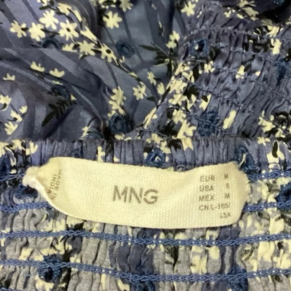 Mango MNG Blue Floral Square Neck Short Puff Sleeve Smocked Mini Shift Dress 6 - Image 4