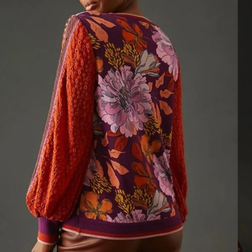 Anthropologie Bl^nk Contrast Eyelet Pullover Top Purple Motif  Floral mixed NWT - Image 4