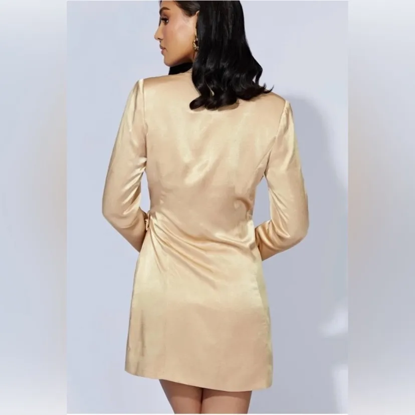 MESHKI Saira Wrap Tie Up Mini Dress in wheat gold satin size medium event winter - Image 10