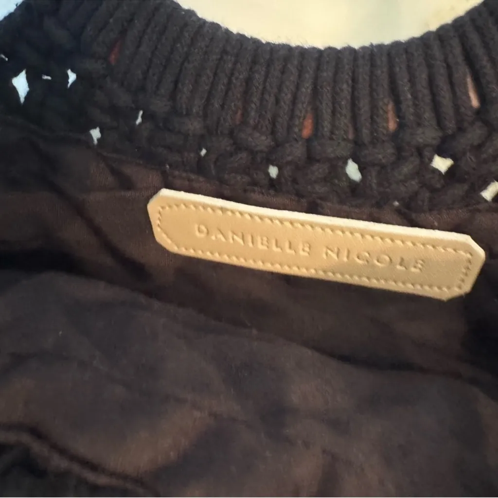 EUC Danielle Nicole Black Crochet Macrame Boho Bag with Fringe & Wooden Handle - Image 7