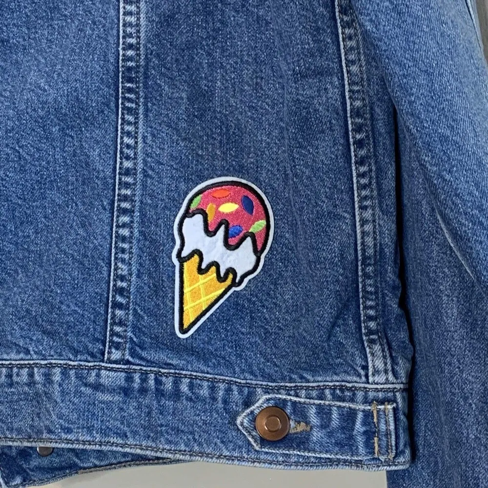 DL1961 Denim Jean Jacket Size L Blue Custom Patches Donut Ice Cream Applique - Image 10