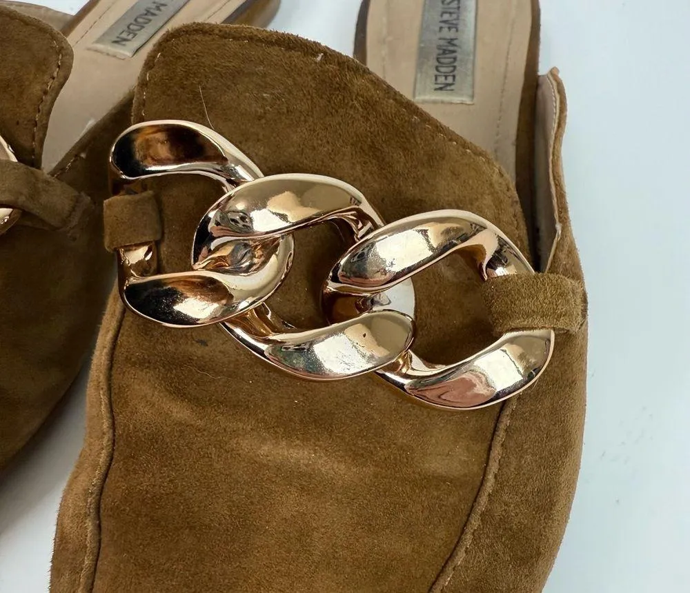 Steve Madden Finn Chain Pointed Toe Chestnut Suede Mules Gold Chain Size 8.5 - Image 9