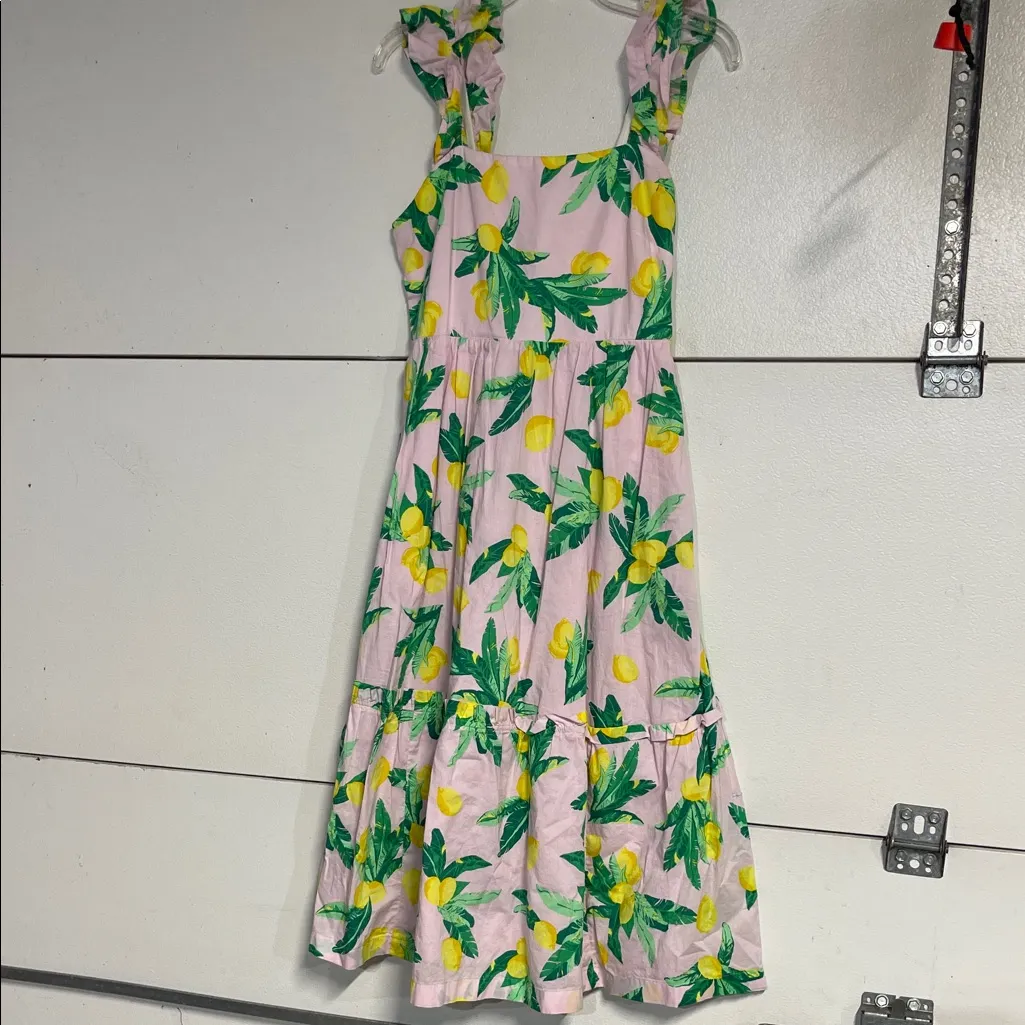 J CREW WOMENS LEMON PRINT SQUARE NECK MIDI TIERED DRESS 2 PINK COTTON - Image 2