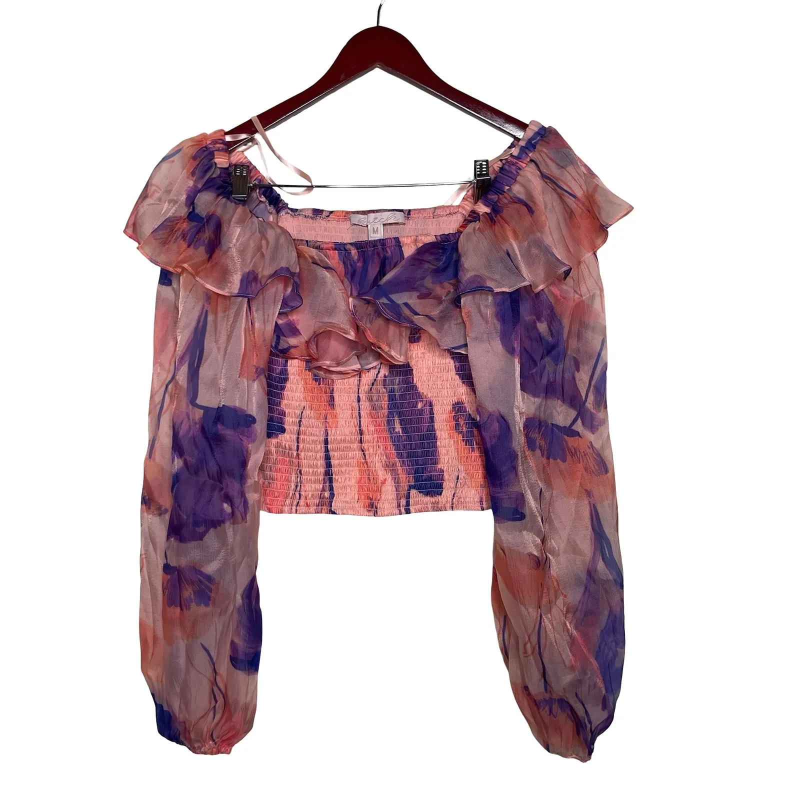 Hutch Ora Orange Floral smoked Top ballon long sleeves sz M - Image 2