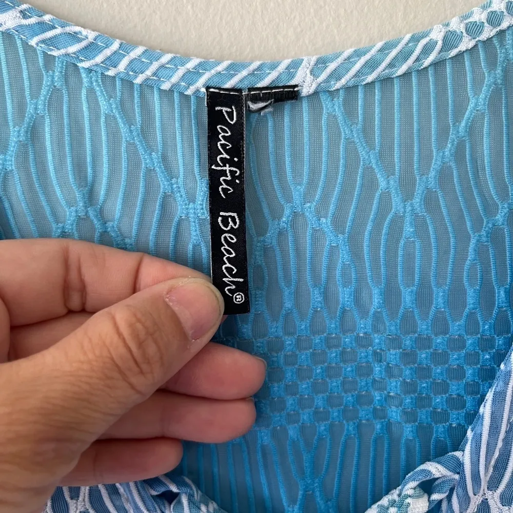 Lace‎ Up Swim Cover Up Tunic Stretch Side Slits V Neck Semi Sheer Size L Blue Size L - Image 3