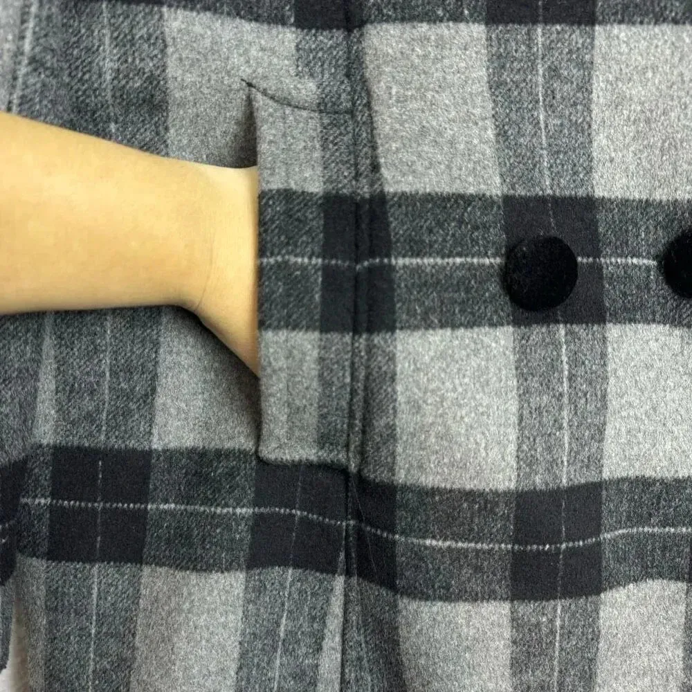 Gal Meets Glam Pea Coat Large Marnette Wool Plaid Velvet Black Double Breasted - Image 7