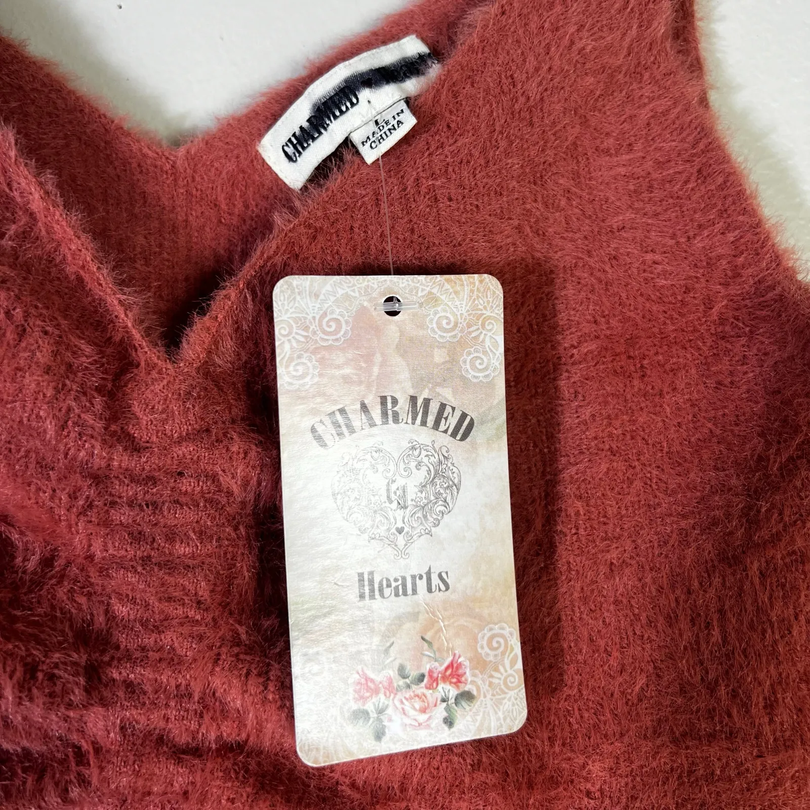 NWT Charmed Hearts Fuzzy Crop Cami Womens L Rust Knit Festival Coquette Y2K - Image 5