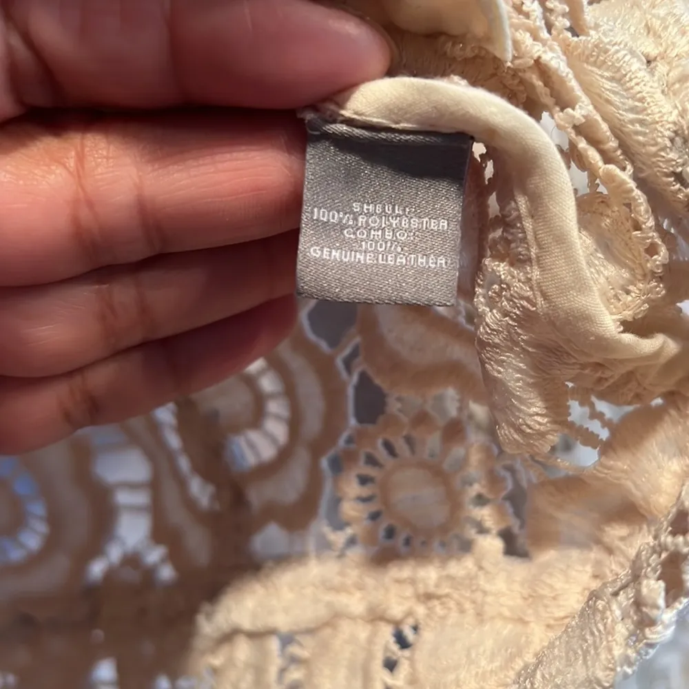 Neiman Marcus XS Moto Jacket ivory zip front faux leather trim pockets crochet - Image 6