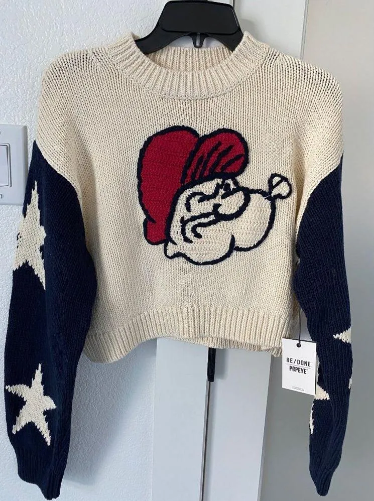 $450 NWT RE/DONE x POPEYE 50s IVORY CLASSIC CREWNECK SWEATER SZ SMALL - Image 3