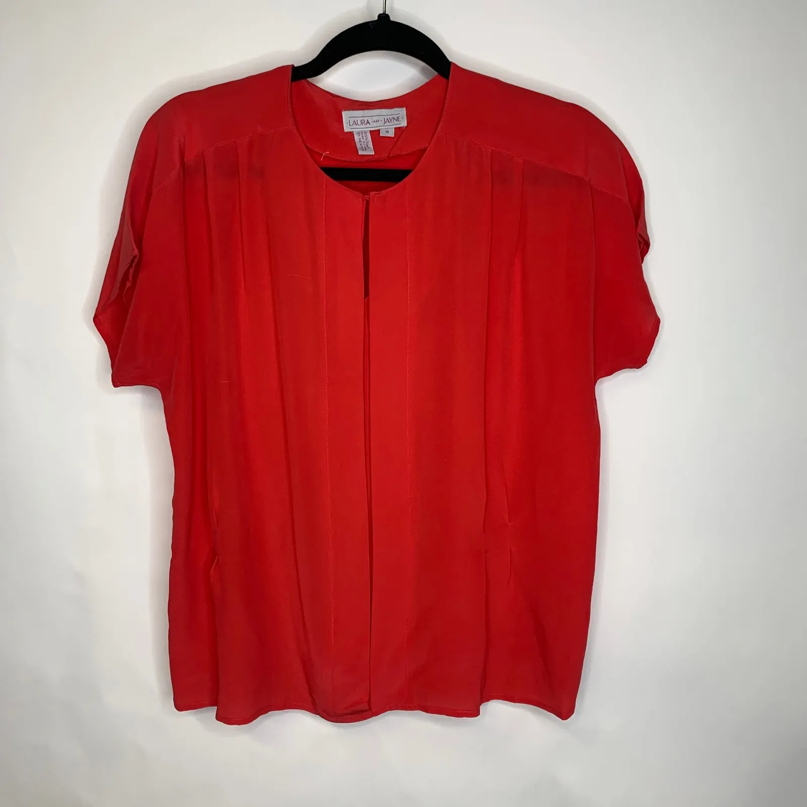 Vintage Silk Red Blouse Sz 14 Medium Slit Neck Fitted - Image 5